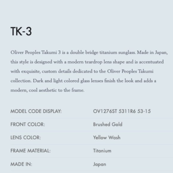 THE TAKUMI COLLECTION Oliver Peoples TK-3 Sun MSRP$625 Rare Find main image 8